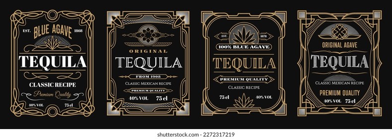 Vintage tequila labels, alcohol frames background, Mexican drink beverage vector sign. Blue agave premium quality gold or silver tequila label templates for bottle of premium quality tequila drink