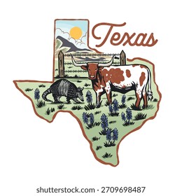Vintage Texas mapa cena do deserto com ilustração de Cowboy