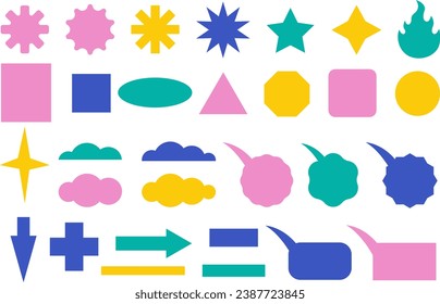 Conjunto de cuadros de texto antiguos, icono en estilo 80s-90s. Forma retro en blanco de insignia, etiqueta de venta de descuento, insignia, etiqueta de precio. Colección de diferentes iconos vectoriales. Ilustración vectorial.