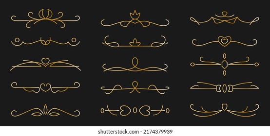 Vintage text dividers set. Calligraphic lines, vintage borders and wedding laurels isolated on black background. Gold gradient flourish elements. Simple separator contour symbol. Vector illustration