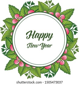 Vintage text happy new year, with motif of pink flower frame. Vector