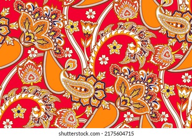 Vintage textile with flower decor and abstract paisley in ornament style , bohemian print