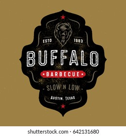 Vintage Textured Buffalo Badge Design. Western Barbecue Emblem. Bison Head Vector Illustration.