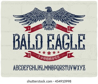 Vintage textured font with ribbons, stars and bald eagle graphic illustration