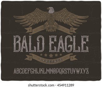 Vintage textured font with ribbons, stars and bald eagle graphic illustration