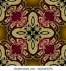 Vintage textured gold floral seamless pattern. Vector ornamental glowing background. Stippled golden repeat ornament. Dotted grunge stipple texture. Ornate colorful backdrop. Golden flowers, leaves.