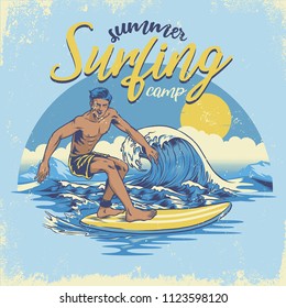 vintage textured hand draiwng surfing design