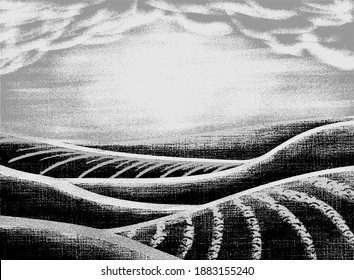 Vintage textured landscape. Retro engraved and printed in gray, black and white agricultural fields, wavy hills on paper