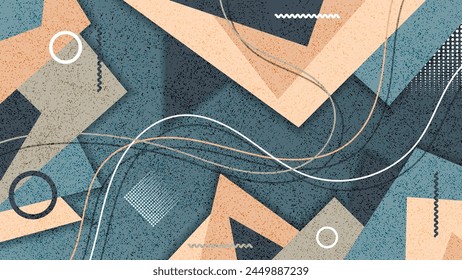 Vintage textured Memphis style wallpaper. Rings, intertwining wavy lines against a background of overlapping polygonal shapes. 3D effect. Vector.