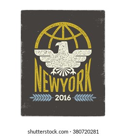 Vintage textured "New York" label for poster, flyer or t-shirt print with eagle symbol.