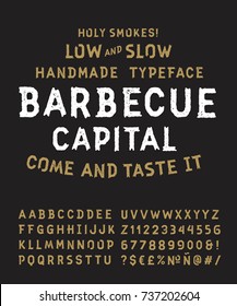 Vintage Textured Original Typeface "Barbecue Capital". Roughen Aged Distressed Retro Hand Drawn Font Alphabet with Old Stamp Effect. Letters, Numbers and Symbols. Vector Illustration.