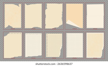 Vintage Textured Paper, A4 Format, note pages, torn paper. Vector Isolated Illustration