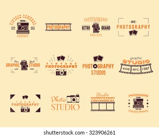 Vintage Textured Photography Badges, Labels. 2 Retro Colors design with stylish classic cameras and elements. Old style for photo studio, photographer equipment store. Signs logos. Vector illustration