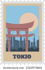 Vintage textured postcard stamp featuring a torii gate overlooking the Tokio skyline, with a stylized sun in the background, evoking a sense of travel and cultural exploration