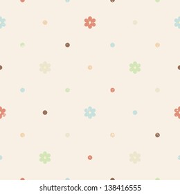 Vintage textured seamless pattern with flowers and polka dots