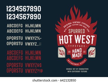 Vintage Textured Spurred Octagonal Sans Serif Typeface "Hot West". Double Set of Letters and Numbers with Different Texture.