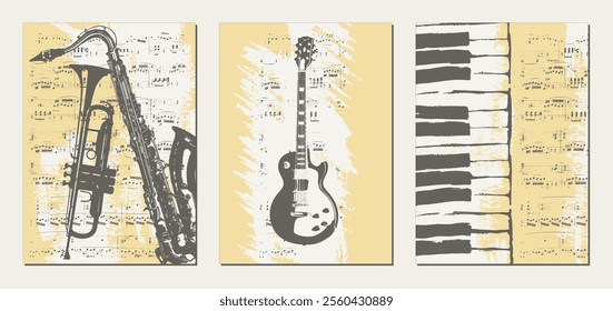 Vintage textured templates with  trumpet, saxophone, guitar, piano keys on the background of sheet music with stains and blots of paint. Set of musical backgrounds. Vector.