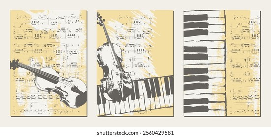 Vintage textured templates with violin, cello, piano keys on the background of sheet music with stains and blots of paint. Set of musical backgrounds. Vector.