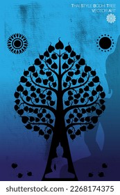 VINTAGE THAI STYLE BODHI TREE VECTOR ART ON BLUE BACKGROUND