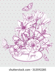 Vintage  thank you  with  blooming lilies and with  butterflies. With place for your text. (Use for Boarding Pass, birthday card, invitations) Template Vector.