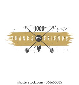 Vintage Thank you watercolor, ink splash badge. Social media Followers label and likes sticker. Handwriting lettering with hipster elements - arrows, heart. Vector design, gold glitter, golden palette