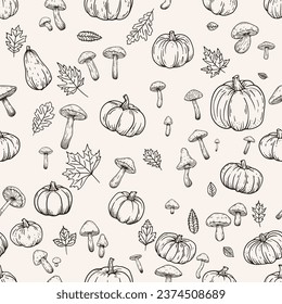 Vintage Thanksgiving Herbst nahtlose Muster von handgezeichneten Linien Skizzen, süße Kürbisse, Eichenblätter und Pilze. Ideal für Herbstdekor und Retro Herbst Design, Essenz der Saison. Nicht-AI