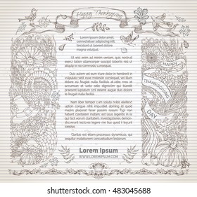 Vintage Thanksgiving frame. Vector traditional festive symbols and food. Turkey, cornucopia, pumpkin, corn, wheat, autumn leaves and others. Hand-drawn retro design elements on grunge background.