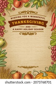 Vintage Thanksgiving Greeting Card With Copy Space. Editable EPS10 vector illustration with clipping mask and transparency in woodcut style.
