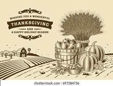 Vintage Thanksgiving Landscape Brown. Editable vector illustration in retro woodcut style with clipping mask.