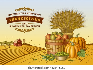 Vintage Thanksgiving Landscape. Editable vector illustration with clipping mask.