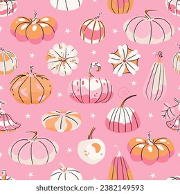 Vintage Thanksgiving pumpkins seamless pattern on pink background. Fall Autumn harvest Great for textiles, table cloth, wrapping, banners, wallpapers, fabric, cover, card