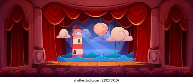 Vintage theater interior with stage, auditorium seats, red curtains, columns and decoration of night landscape with sea, lighthouse and moon on backdrop, vector cartoon illustration