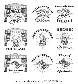 Vintage theatre label, emblem, badge and logo set, vector hand drawn monochrome illustration. Theater show performance symbols jester, drama and comedy masks, binoculars, theatrical stage decorations.