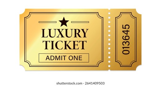 Vintage theatre tickets vector template. Vector golden tickets isolated on whithe backgound. Cinema, theater, concert, game, party, event, festival black and gold ticket.