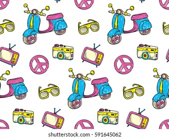 Vintage theme background with scooter, television and camera