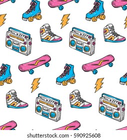 Vintage theme background with sneakers radio skateboard and roller skate