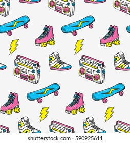 Vintage theme background with sneakers radio skateboard and roller skate