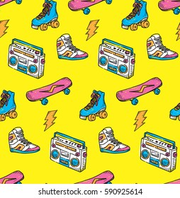 Vintage theme background with sneakers radio skateboard and roller skate