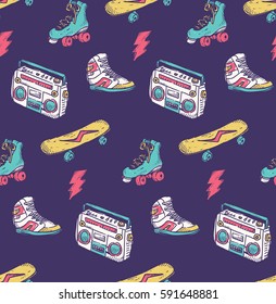 Vintage theme background with sneakers radio skateboard and roller skate