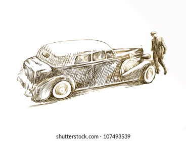 Vintage theme from the early 20th century : Driver and car. (Hand drawn picture - a sketch - converted to vector.)