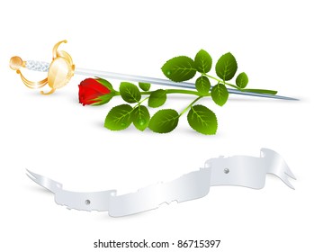 Vintage theme: red rose and sword, banner for your text