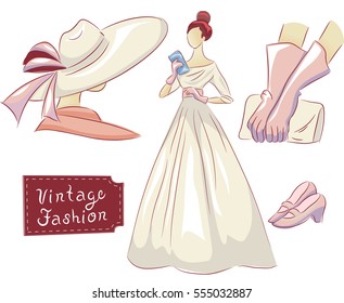 Vintage Themed Illustration Featuring a Dress, a Hat, a Pair of Shoes, and Evening Gloves