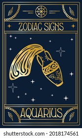 Vintage thin line Aquarius zodiac sign label. Gold retro astrological symbol, mystic, sacred geometry element, emblem, logo