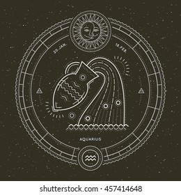 Vintage thin line Aquarius zodiac sign label. Retro vector astrological symbol, mystic, sacred geometry element, emblem, logo. Stroke outline illustration.