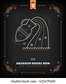 Vintage thin line Aquarius zodiac sign label. Retro vector astrological symbol, mystic, sacred geometry element, emblem, logo. Stroke outline illustration.