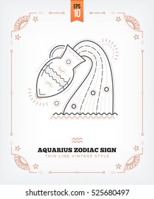 Vintage thin line Aquarius zodiac sign label. Retro vector astrological symbol, mystic, sacred geometry element, emblem, logo. Stroke outline illustration. Isolated on white background.