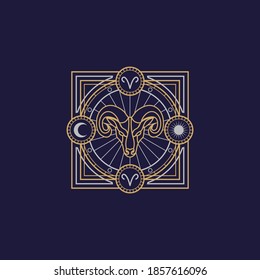 vintage thin line aries geometric astrology zodiac sign vector icon