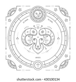 Etiqueta del signo Aries zodiaco de línea delgada de época. Símbolo astrológico vector retro, místico, elemento geométrico sagrado, emblema, logotipo. Ilustración del contorno de trazo. Aislado sobre fondo blanco.