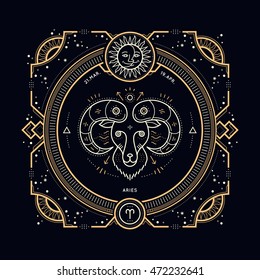 Etiqueta del signo Aries zodiaco de línea delgada de época. Símbolo astrológico vector retro, místico, elemento geométrico sagrado, emblema, logotipo. Ilustración del contorno de trazo.