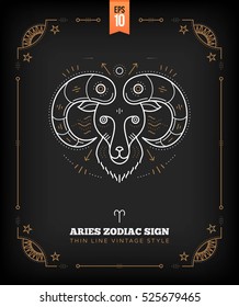 Vintage thin line Aries zodiac sign label. Retro vector astrological symbol, mystic, sacred geometry element, emblem, logo. Stroke outline illustration.